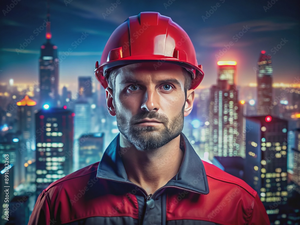Portrait of a serious male worker in a red helmet on the background of the night city. Generative AI Portrait of a serious male worker in a red helmet on the background of the night city. Generative AI