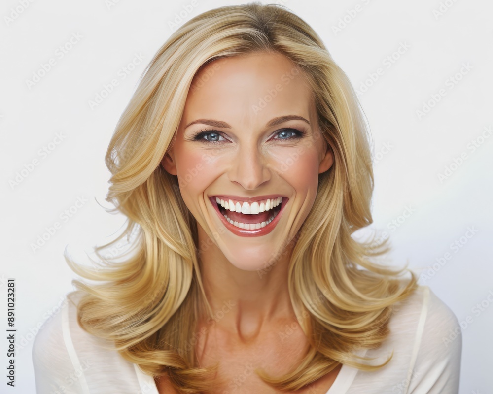 Radiant blonde woman in her mid-thirties with a bright smile and infectious laugh, showcasing a flawless, clean, and fresh face against a pure white background. Radiant blonde woman in her mid-thirties with a bright smile and infectious laugh, showcasing a flawless, clean, and fresh face against a pure white background.