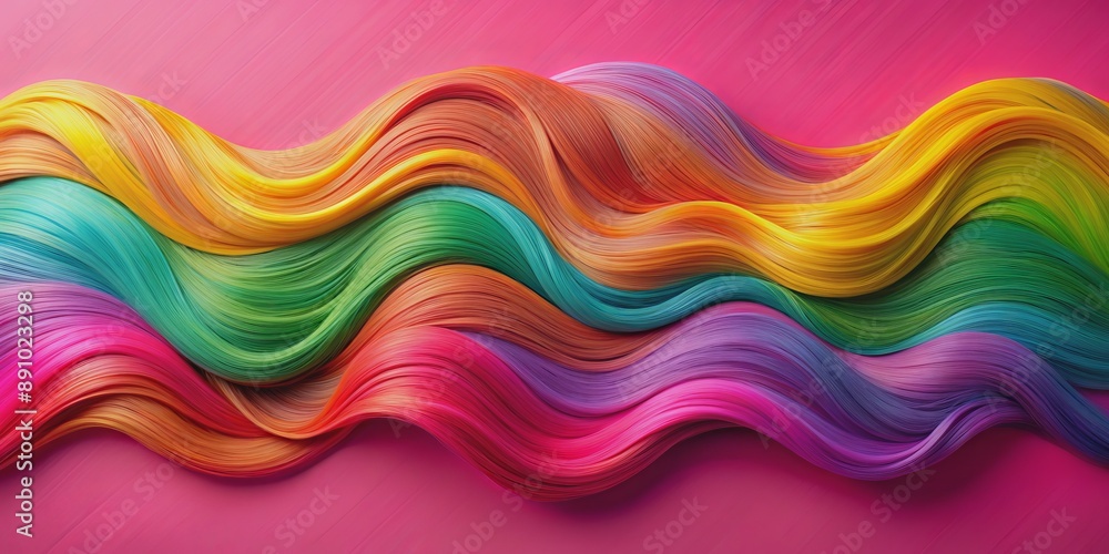 Vibrant rainbow-colored wavy hair strands isolated on a bright pink background, perfect for creative hair coloring advertisements, with ample copy space for custom text or logos. Vibrant rainbow-colored wavy hair strands isolated on a bright pink background, perfect for creative hair coloring advertisements, with ample copy space for custom text or logos.