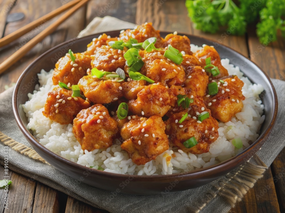 Crispy fried chicken pieces smothered in savory spicy sauce served over a bed of steaming hot white rice, garnished with green onions and sesame seeds. Crispy fried chicken pieces smothered in savory spicy sauce served over a bed of steaming hot white rice, garnished with green onions and sesame seeds.