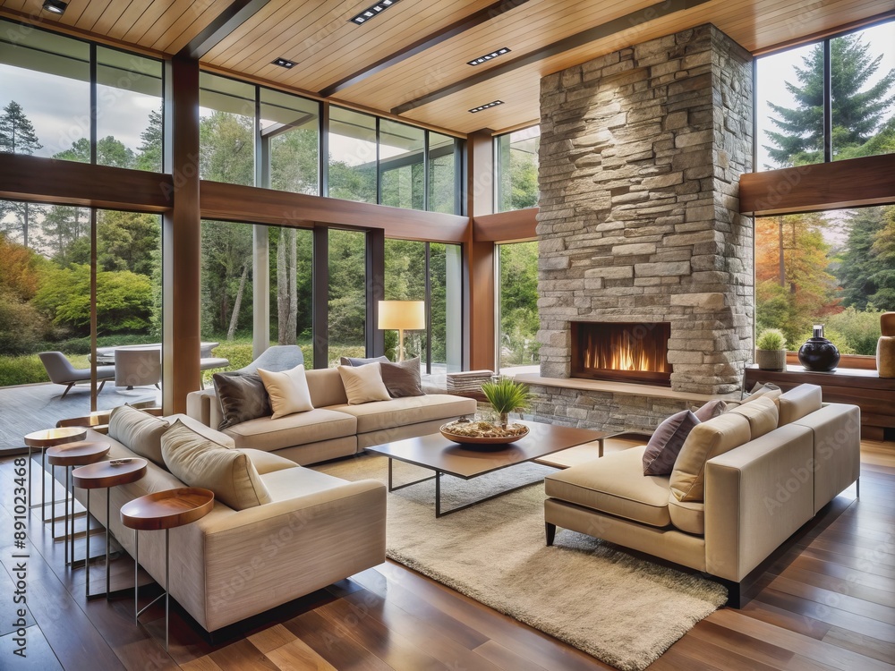 Fototapeta premium Elegant indoor space with sleek lines, organic shapes, and retro flair, featuring a statement stone fireplace, plush sectional sofa, and floor-to-ceiling windows.