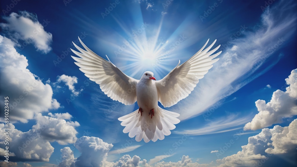 Serenity-filled image of a majestic white dove spreading its wings, soaring effortlessly in a bright blue sky with soft, puffy white clouds. Serenity-filled image of a majestic white dove spreading its wings, soaring effortlessly in a bright blue sky with soft, puffy white clouds.