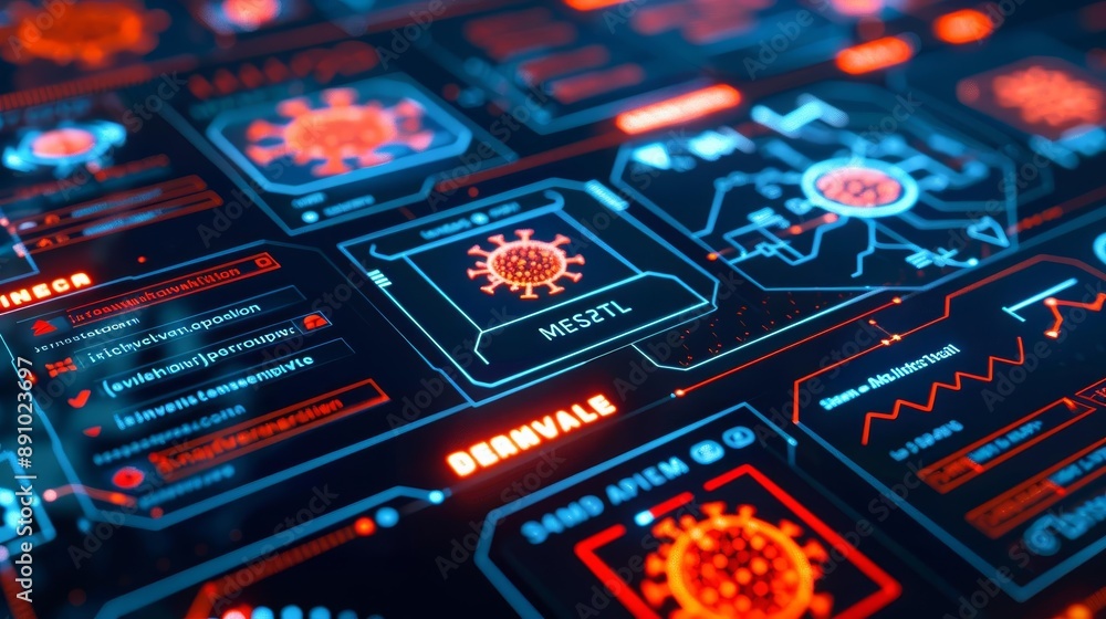 Digital interface with prominent virus warnings and red alert symbols, highlighting potential cybersecurity threats, dark background with glowing red and blue accents Digital interface with prominent virus warnings and red alert symbols, highlighting potential cybersecurity threats, dark background with glowing red and blue accents