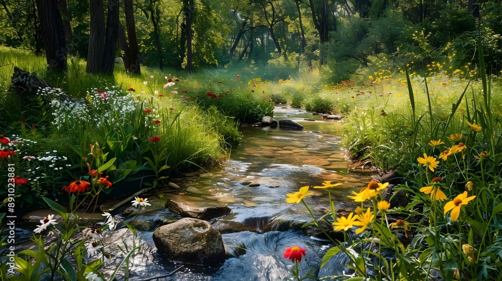 Serene Woodland Stream with Vibrant Wildflowers in a Shaded Glen