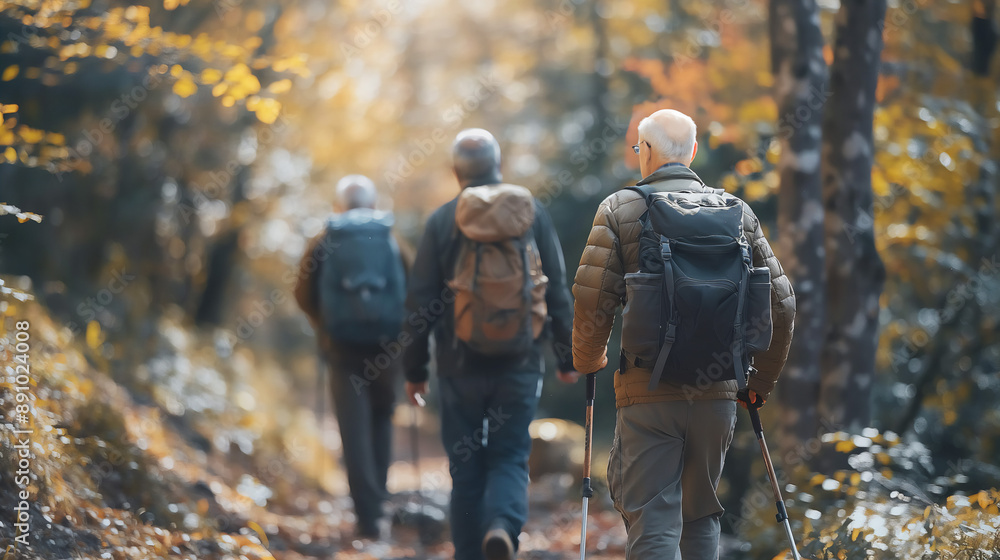 Rear view group of male hikers or trekkers in Fall woods, active lifestyle, copy space Rear view group of male hikers or trekkers in Fall woods, active lifestyle, copy space