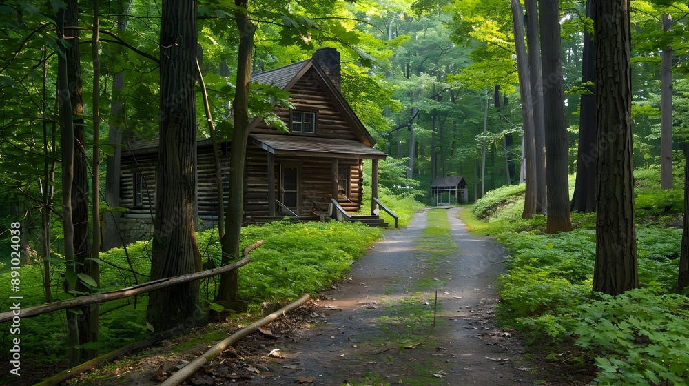 Tranquil Woodland Trail Leading to a Charming Rustic Cabin Surrounded by Lush Foliage and Shaded Atmosphere Tranquil Woodland Trail Leading to a Charming Rustic Cabin Surrounded by Lush Foliage and Shaded Atmosphere