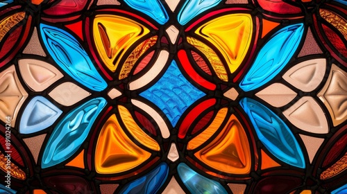 Elegant stained glass window with circular motifs, intricate geometric details, and vibrant jewel tones