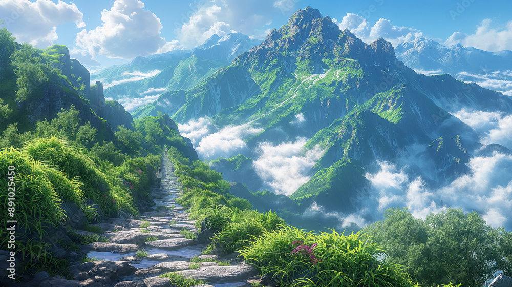 winding path of Mountain, surrounded by light gauze clouds, sunlight through the clouds, sprinkling on the wet stone steps, forming a dreamlike beam of light, the mountain peaks looming in the sea of winding path of Mountain, surrounded by light gauze clouds, sunlight through the clouds, sprinkling on the wet stone steps, forming a dreamlike beam of light, the mountain peaks looming in the sea of