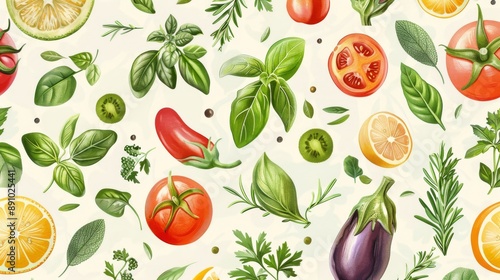 Culinary illustration of various fresh herbs, fruits, and vegetables, arranged in a cohesive, seamless pattern
