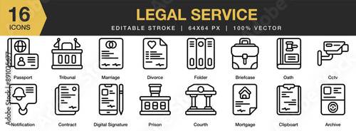 Set of 16 Legal Service icon set. Editable Stroke Icon Collection. Includes archive, cctv, contact, marriage, mortgage, and More. Outline icons vector collection.