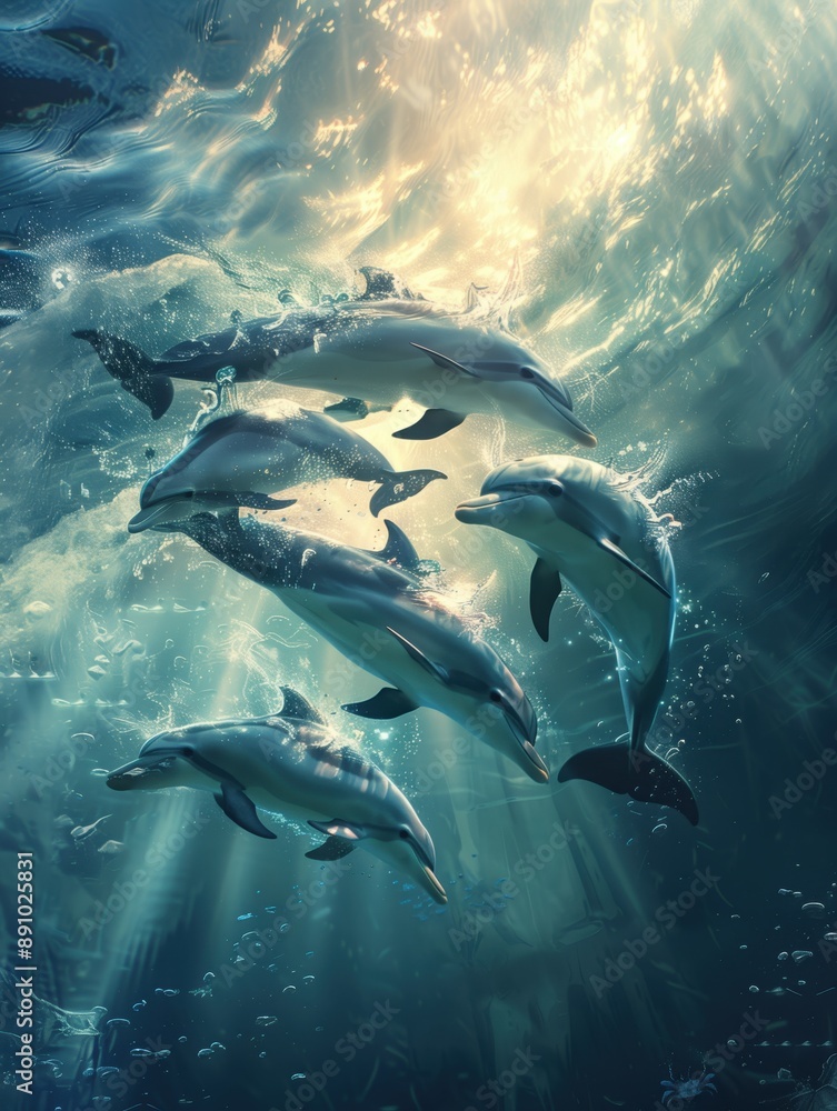 Obraz premium A playful grey dolphin leaps from the deep blue sea, showcasing the vibrant underwater marine wildlife
