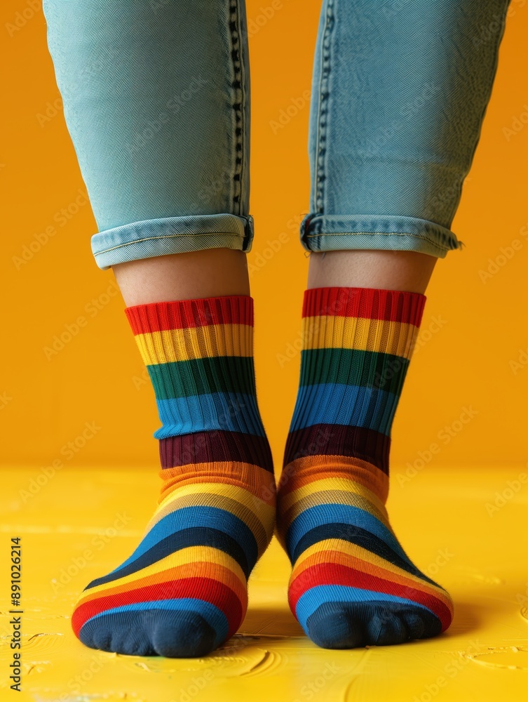 Vibrant striped socks on lively yellow floor, showcasing playful colors with rolled-up denim, evoking a fun and cheerful atmosphere. Vibrant striped socks on lively yellow floor, showcasing playful colors with rolled-up denim, evoking a fun and cheerful atmosphere.
