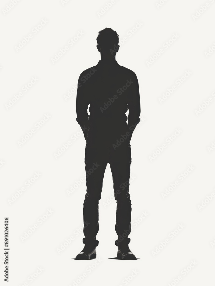 Silhouette of a Man, a solitary figure stands with hands behind his back, exuding an air of mystery against a stark white background, embodying contemplation and introspection. Silhouette of a Man, a solitary figure stands with hands behind his back, exuding an air of mystery against a stark white background, embodying contemplation and introspection.