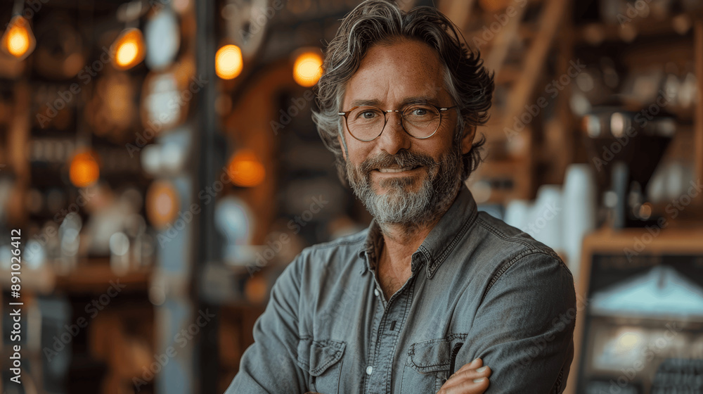 Middle-aged man with beard and glasses smiling while working on laptop in coffee shop, professional photography with natural light Middle-aged man with beard and glasses smiling while working on laptop in coffee shop, professional photography with natural light