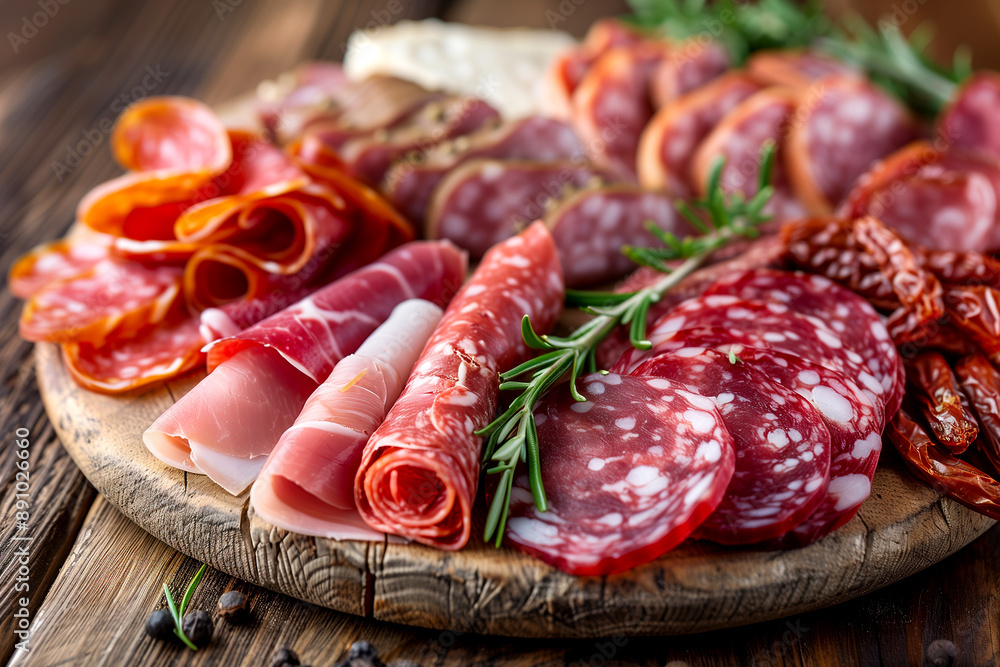 A wooden platter with a variety of meats and vegetables, including salami, pepperoni, and basil A wooden platter with a variety of meats and vegetables, including salami, pepperoni, and basil