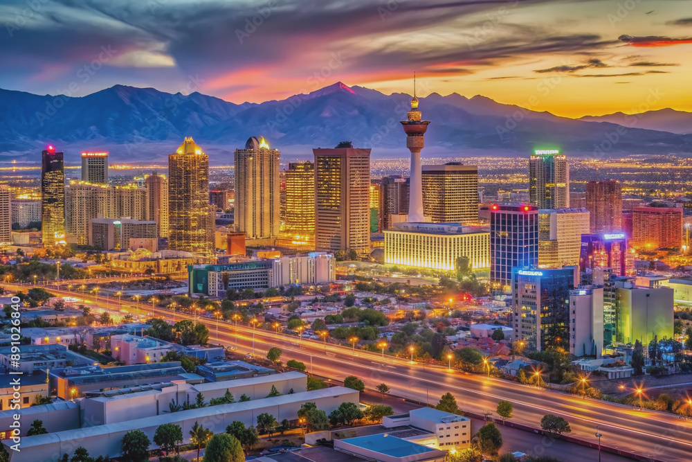 Obraz premium Vibrant downtown Las Vegas cityscape at dusk, featuring bright neon lights, sleek skyscrapers, and bustling streets surrounded by desert landscape and distant mountains.
