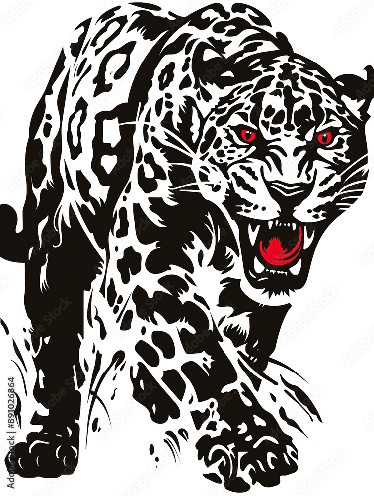 Fototapeta premium A black and white tiger with red eyes and a red tongue. The tiger is walking with its mouth open and its tongue hanging out