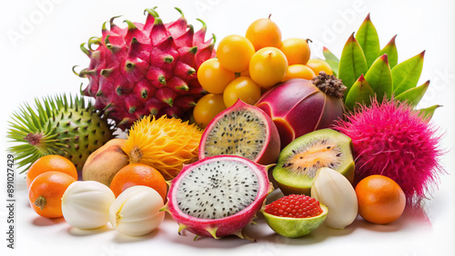 Vibrant slices of exotic fruits such as dragon fruit, rambutan, and physalis bursting with juicy flavor and colorful texture against a clean white background. photo