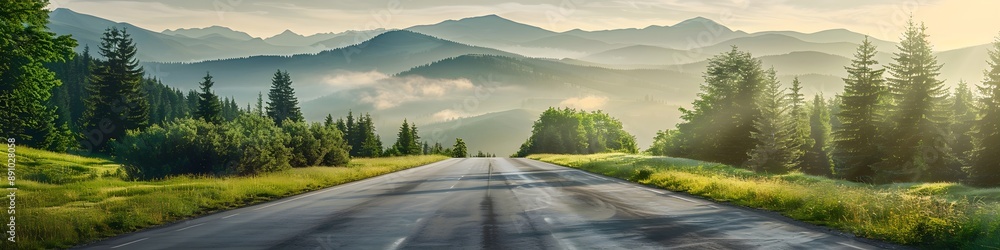 Peaceful asphalt road in a green forest with mountain peaks in the background Peaceful asphalt road in a green forest with mountain peaks in the background