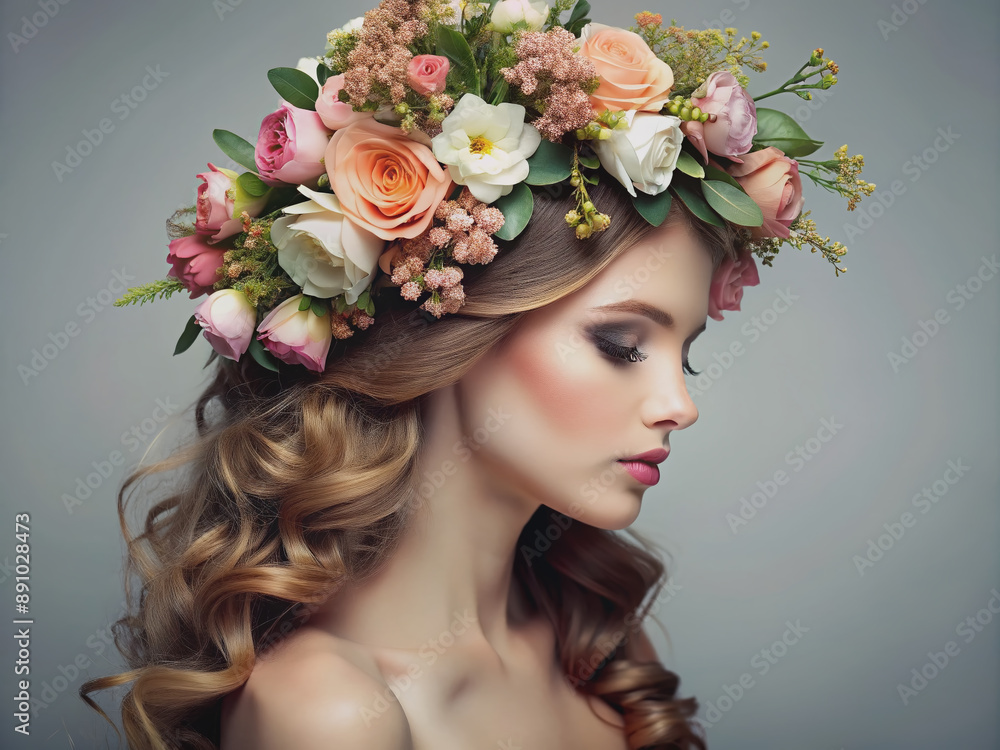 Delicate flower garlands and wreaths adorn a blank space, awaiting placement on a beautiful woman's head, in a vibrant, high-resolution, cut-out element set. Delicate flower garlands and wreaths adorn a blank space, awaiting placement on a beautiful woman's head, in a vibrant, high-resolution, cut-out element set.
