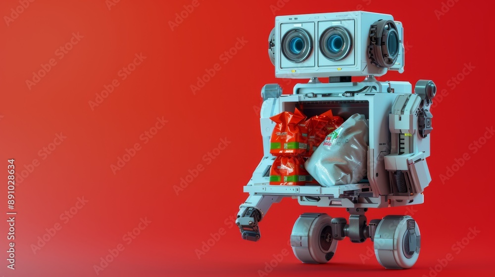 A robot with an open compartment revealing grocery bags inside A robot with an open compartment revealing grocery bags inside