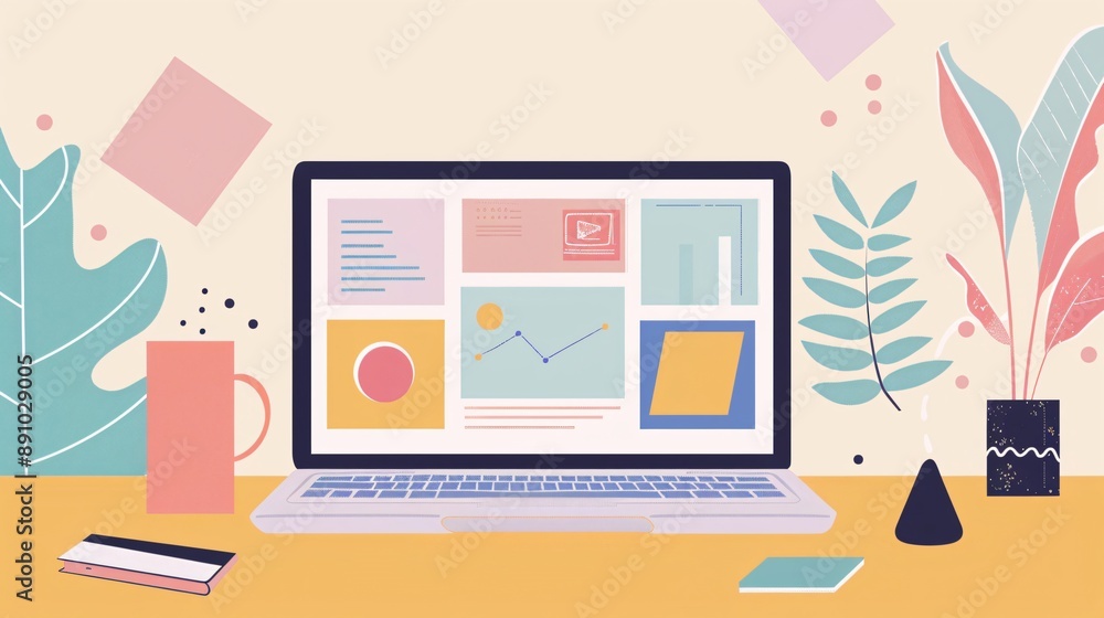 Minimalist design with a laptop screen and online advertising visuals on a nature background Minimalist design with a laptop screen and online advertising visuals on a nature background