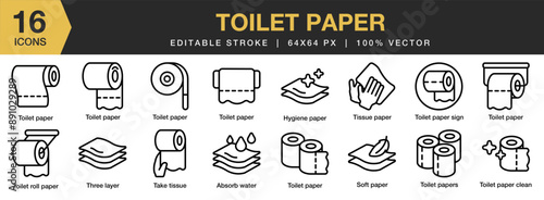 Set of 16 Toilet Paper icon set. Editable Stroke Icon Collection. Includes absorb water, hygiene water, soft paper, toilet paper, tissue paper, and More. Outline icons vector collection.