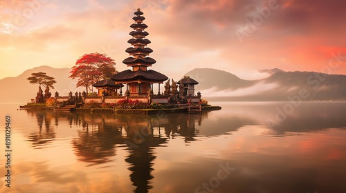 Ancient pura ulun danu bratan, besakih or famous hindu temple and tourist in bali island at sunrise