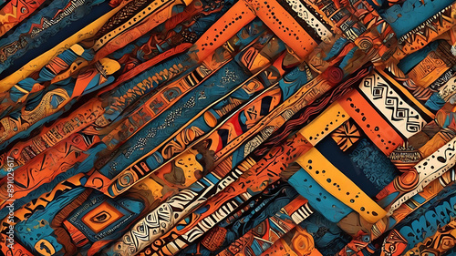 A seamless pattern incorporating bold and vibrant African tribal motifs, such as zigzags, diamonds, and stylized animal figures, using earthy and bright color palettes.

