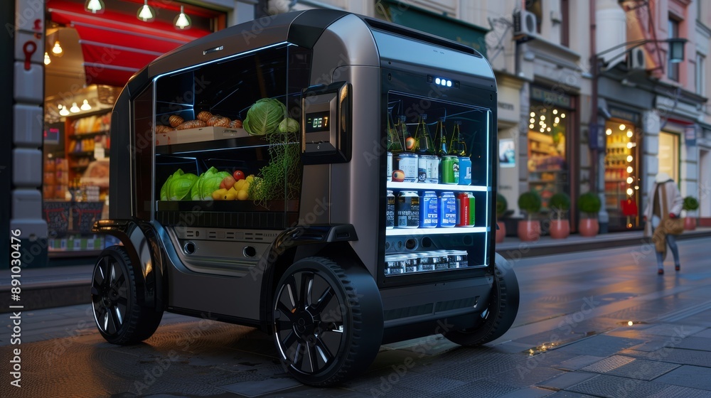 A robot equipped with a cooling compartment delivering fresh groceries A robot equipped with a cooling compartment delivering fresh groceries