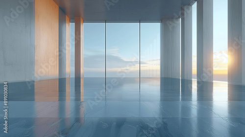 3d render of futuristic modern architecture with reflective concrete floor and large glass windows