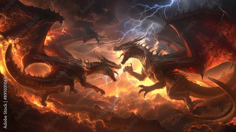 Fototapeta premium Two colossal dragons wreathed in elemental fury, battling amidst a storm of lightning and fire.