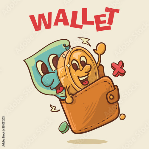 wallet concept. shine coin mascot with face and papermoney comes out from wallet concept.vintage style money mascot cartoon character vector illustration photo