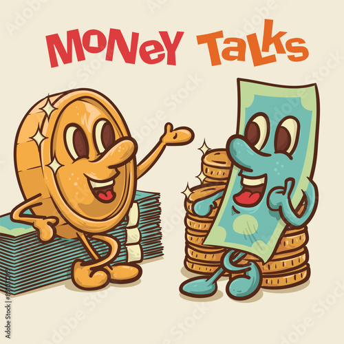 money talks concept. shine coin mascot with face and banknot talking concept.vintage style money mascot cartoon character vector illustration