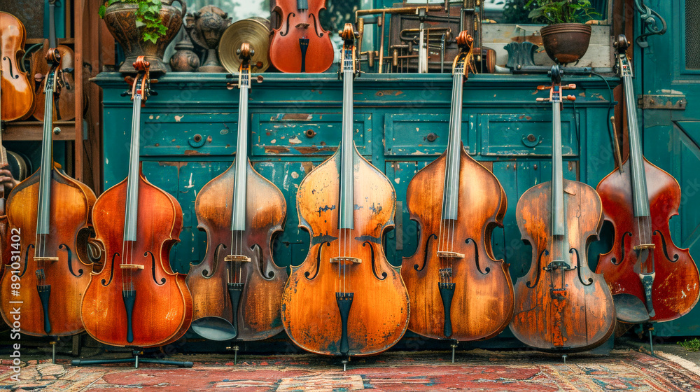 Naklejka premium Row of Vintage Double Basses on Display