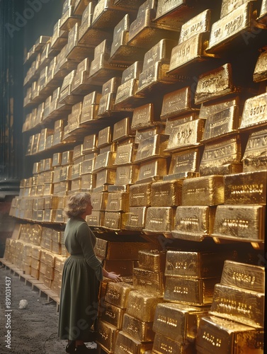 A woman stands in awe before a towering wall of gold bars. photo