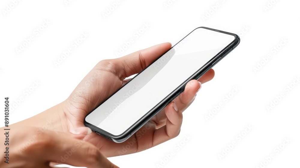 Hands Holding a Smartphone with Blank Screen on White Background Hands Holding a Smartphone with Blank Screen on White Background