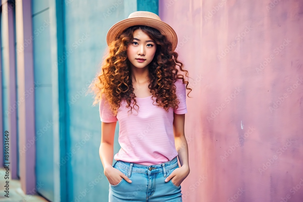 Fototapeta premium Portrait of a Young Woman with Curly Hair.