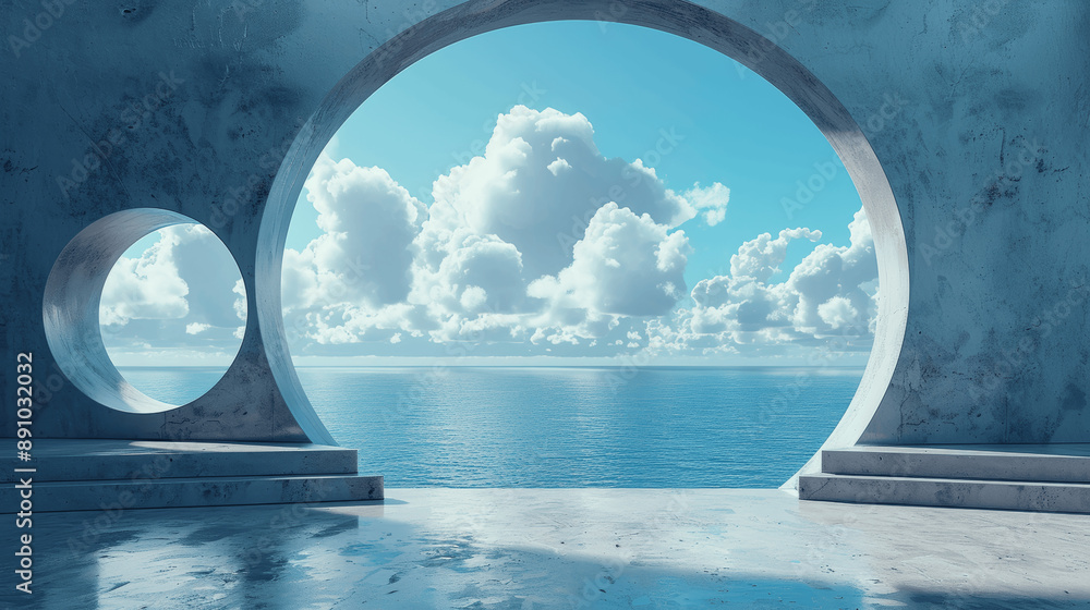 3d render of futuristic architecture with concrete floor under blue sky near water surface 3d render of futuristic architecture with concrete floor under blue sky near water surface