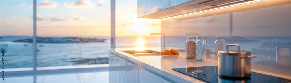 Modern Kitchen with Ocean View at Sunset Modern Kitchen with Ocean View at Sunset