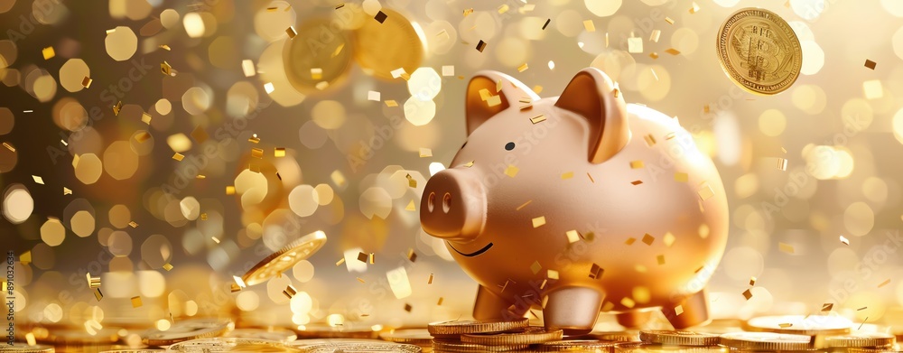 Pink piggy bank surrounded by golden coins, saving money concept. Pink piggy bank surrounded by golden coins, saving money concept.
