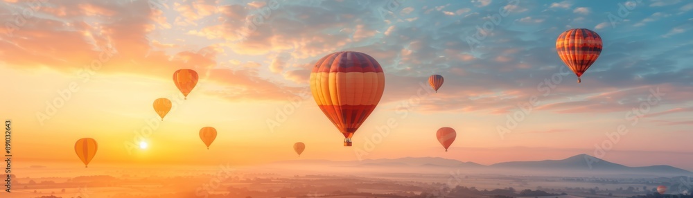 Hot air balloons flying at sunrise Hot air balloons flying at sunrise