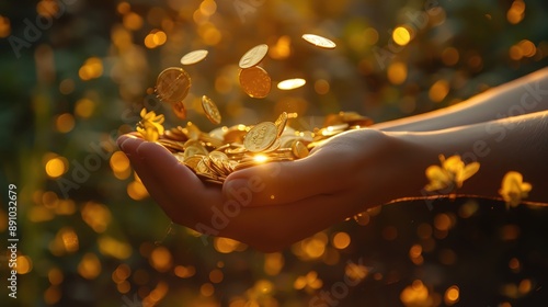 Wallpaper Mural Open hands catching falling gold coins with a sunset glow. Torontodigital.ca