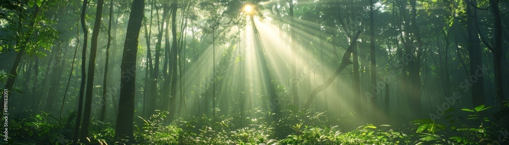Obraz premium Sunlight Rays Through Lush Forest Trees
