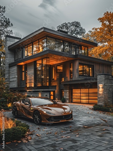 Wallpaper Mural Modern luxury home with a sleek sports car in the driveway. Torontodigital.ca