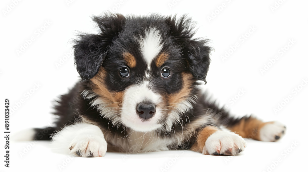 Fototapeta premium Close-up portrait of a six-week old tri-colored Australian Shepherd puppy on a simple white background.