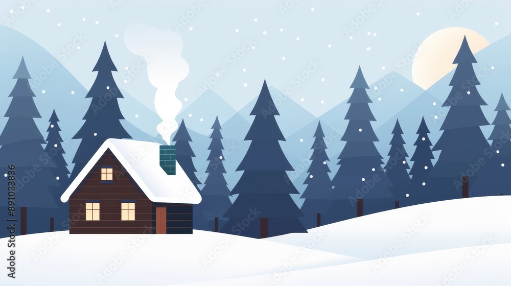 Snowy winter scene with a cozy log cabin, smoke rising from the chimney, surrounded by tall, textured pine trees Snowy winter scene with a cozy log cabin, smoke rising from the chimney, surrounded by tall, textured pine trees