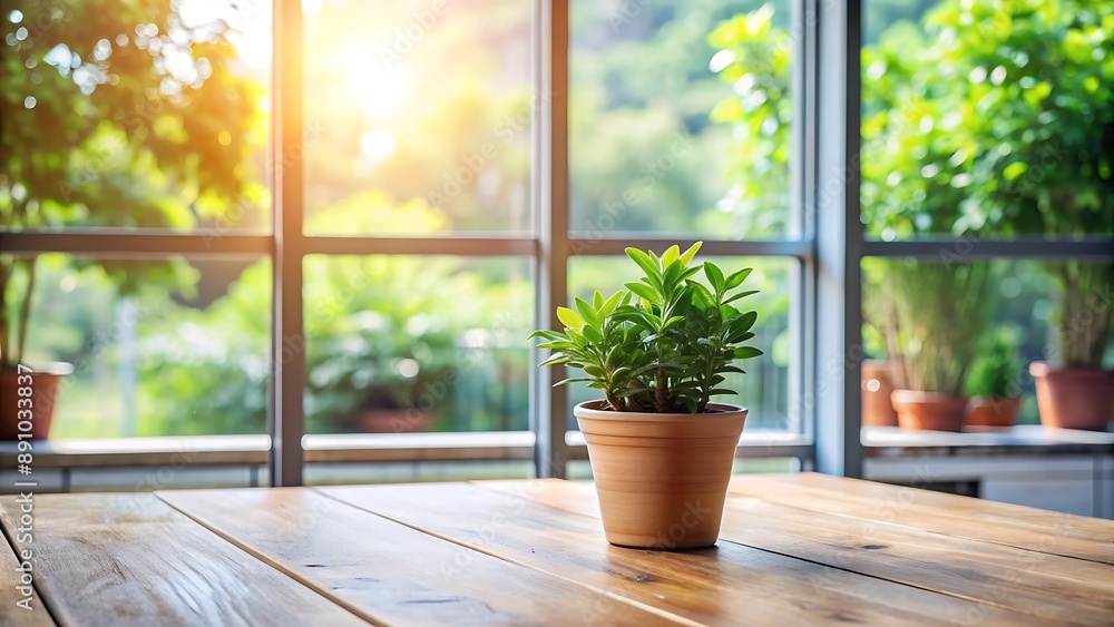 Green Plant on Wooden Table Near Window with Blurred Garden View. Green Plant on Wooden Table Near Window with Blurred Garden View.