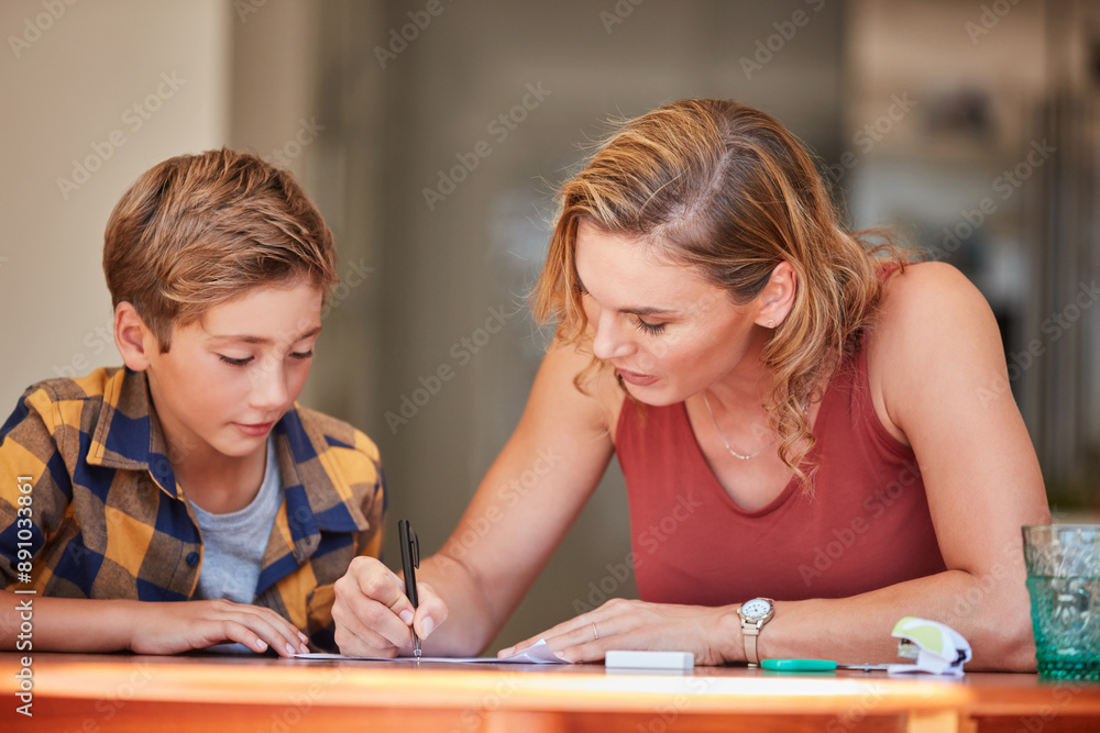 Homework, helping and boy with mom for support, writing and guide in language test, knowledge or development. Happy mother, family and woman with child for education, teaching and learning at home Homework, helping and boy with mom for support, writing and guide in language test, knowledge or development. Happy mother, family and woman with child for education, teaching and learning at home