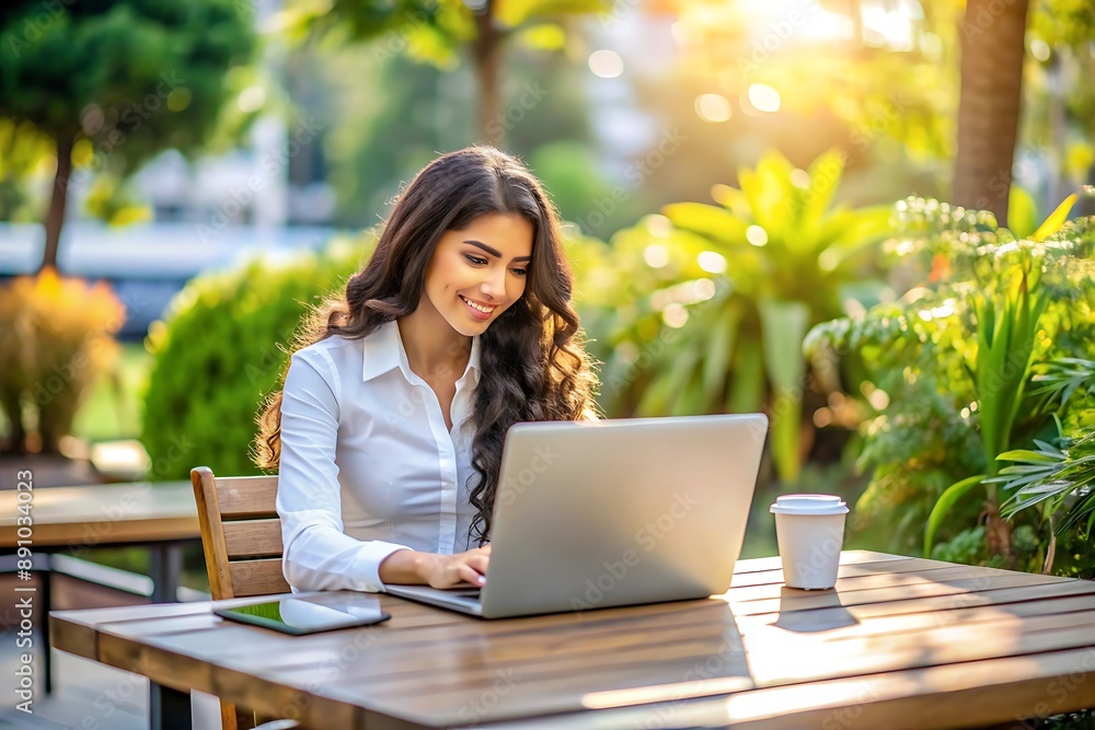 Woman Working On Laptop In A Cafe. Woman Working On Laptop In A Cafe.